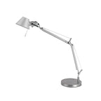 Front view of this Clérachic chrome desk lamp on white, with its jointed arm, wire supports and a small pull cord.