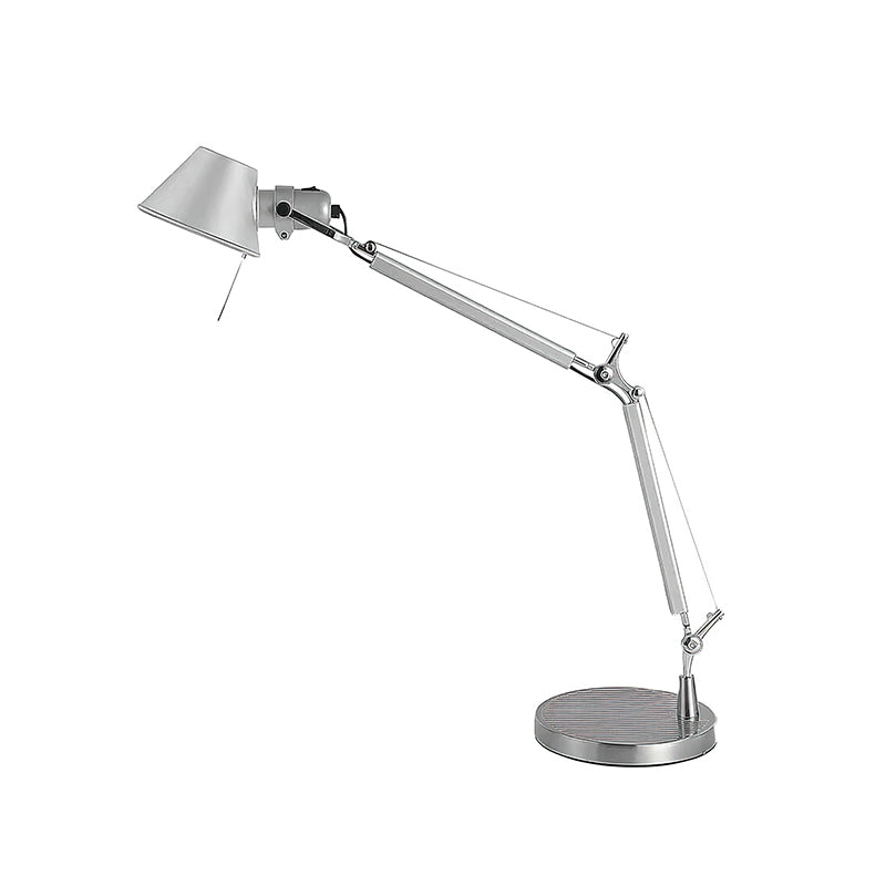 Front view of this Clérachic chrome desk lamp on white, with its jointed arm, wire supports and a small pull cord.