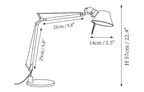 Clérachic table lamp dimension drawing, 1 of 2, every measurement marked in centimetres and inches.