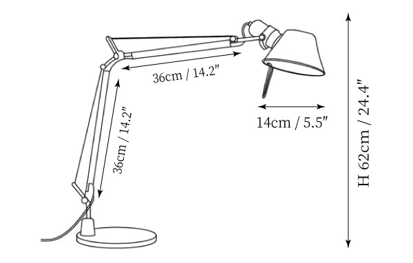 Clérachic table lamp dimension drawing, 2 of 2, every measurement marked in centimetres and inches.