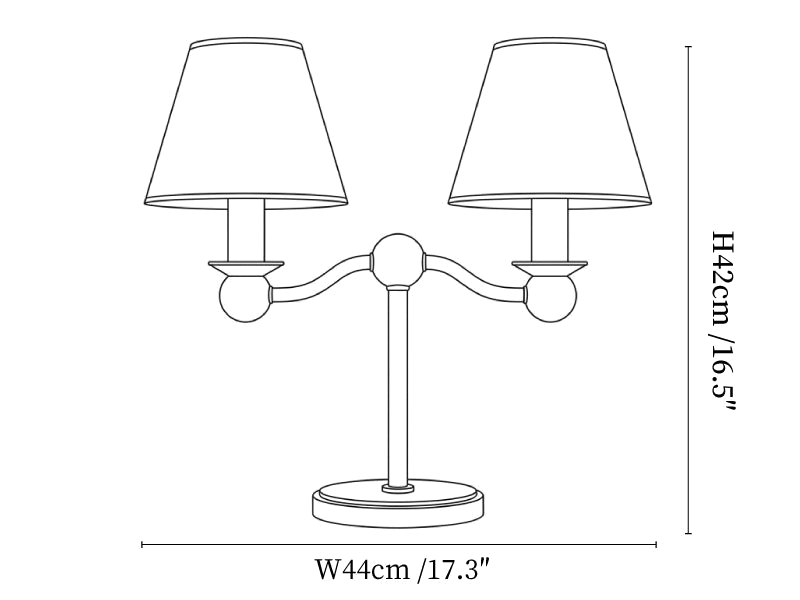 Clérachic table lamp dimension drawing, every measurement marked in centimetres and inches.