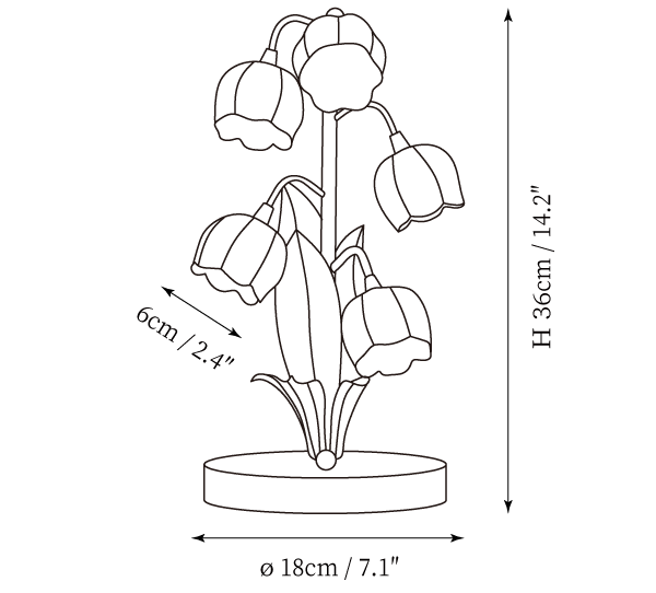 Clérachic table lamp dimension drawing, every measurement marked in centimetres and inches.