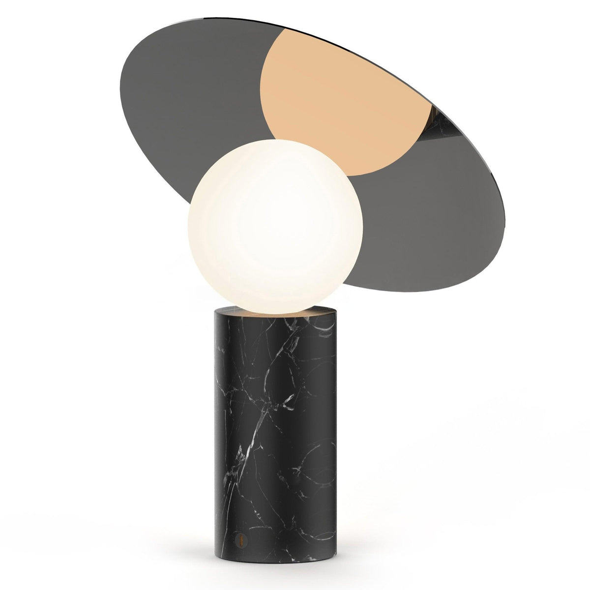 Clérachic disc lamp on a plain white background, unlit, shown from a slightly wider angle with more of its tilted panel in view.
