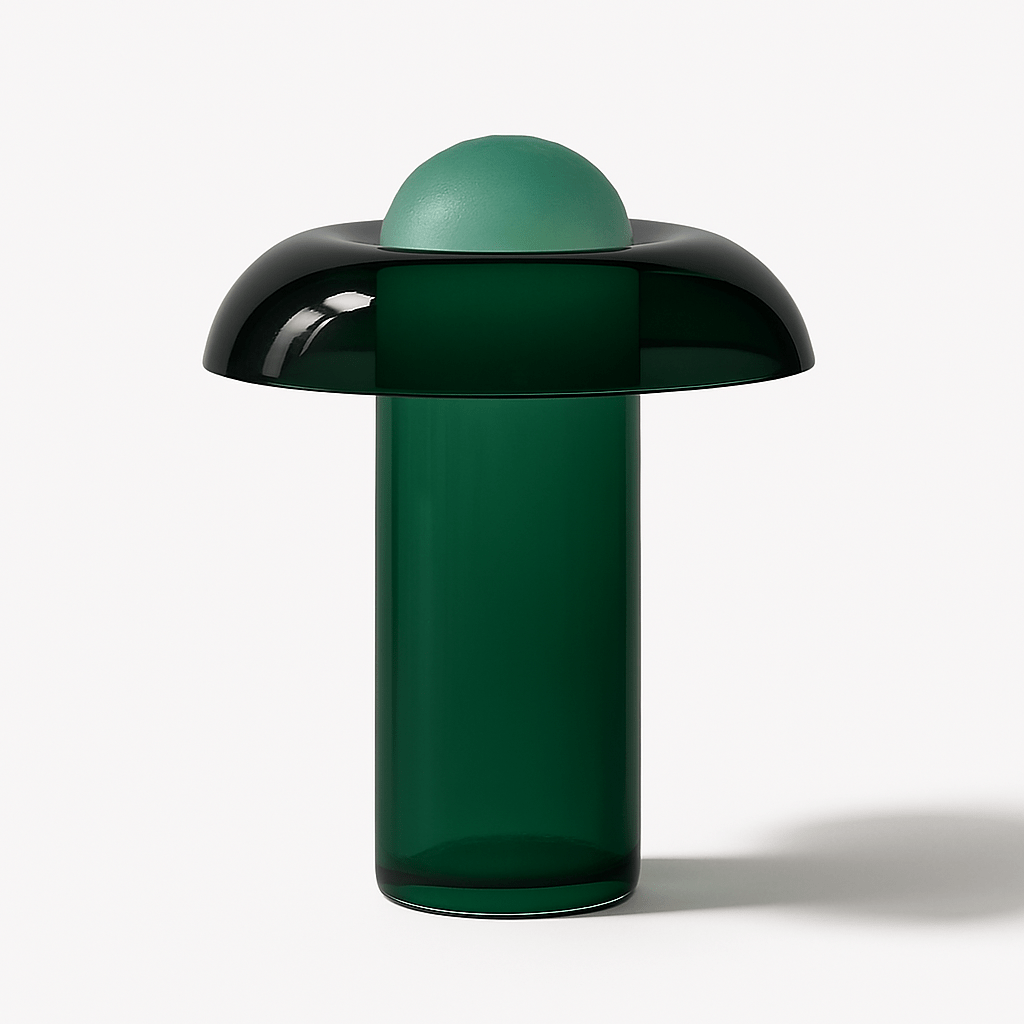 Clérachic green glass table lamp with a wide dark shade like a mushroom cap, a tall cylinder body and a pale dome on top.