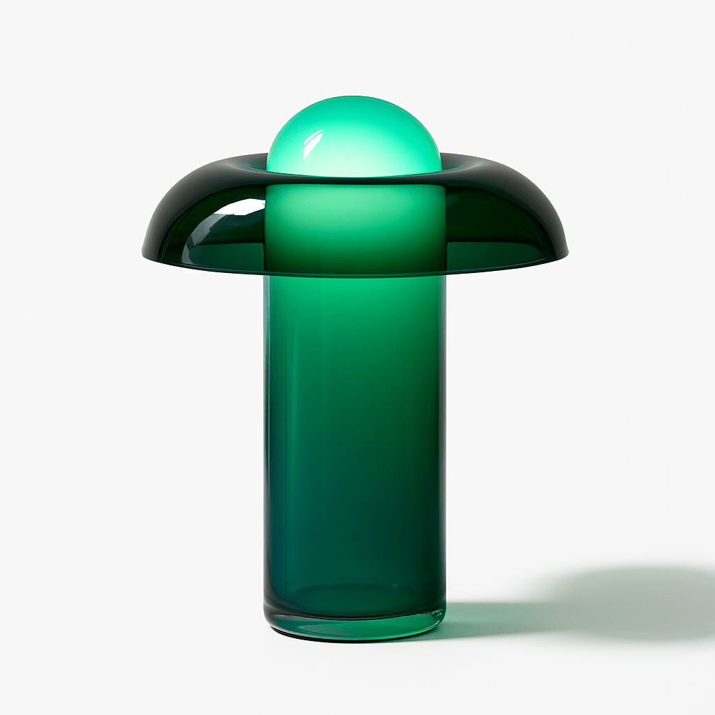 Clérachic green glass table lamp switched on, the cylinder body and dome glowing emerald beneath a wide, dark glass brim.