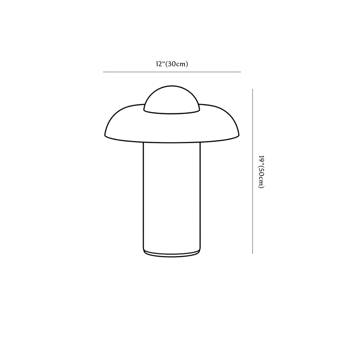 Clérachic table lamp dimension drawing, every measurement marked in centimetres and inches.