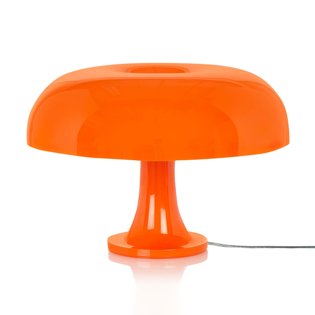 Front view of this Clérachic orange mushroom lamp on a white background, the shade glossy and the stem flaring to the base.