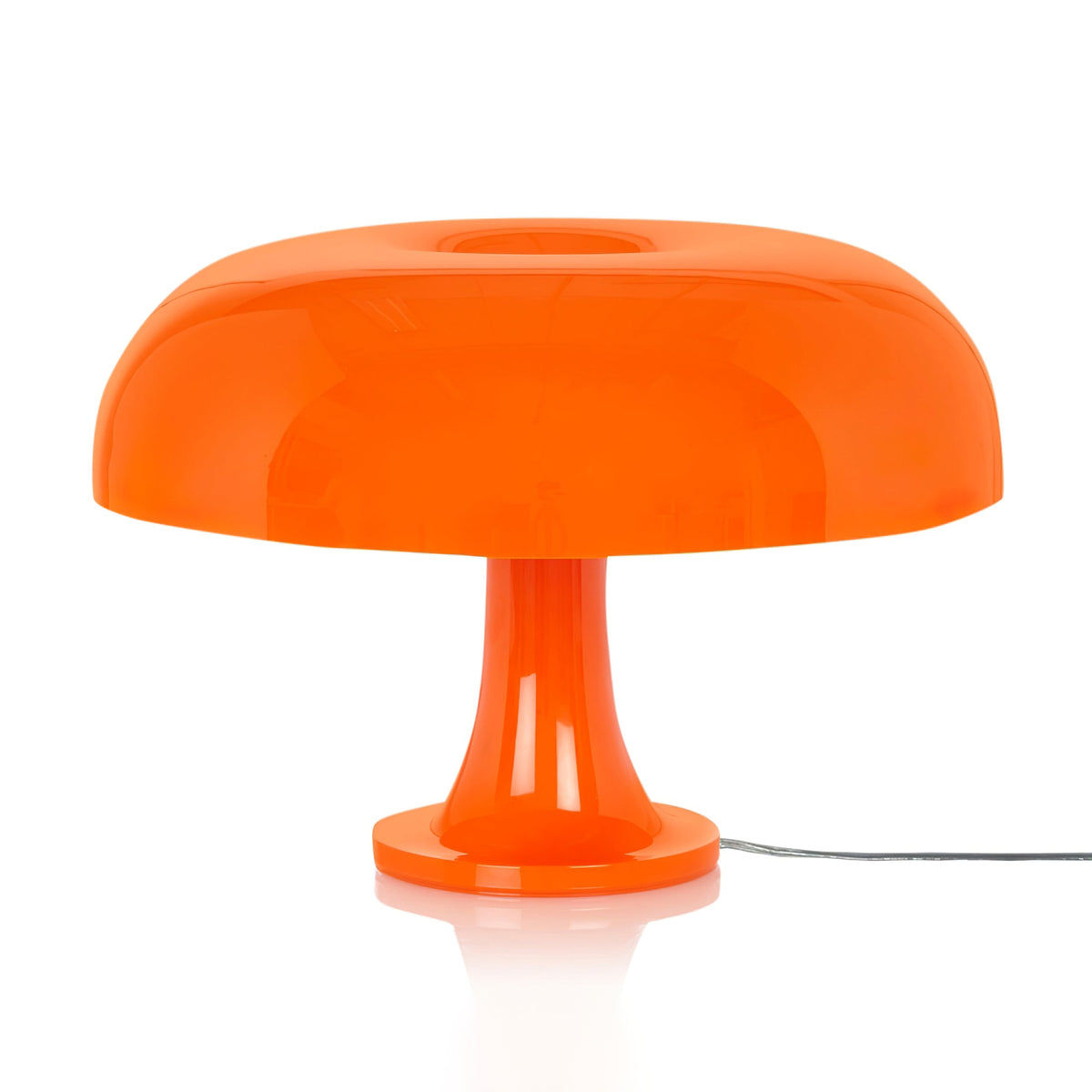 Front view of this Clérachic orange mushroom lamp on a white background, the shade glossy and the stem flaring to the base.