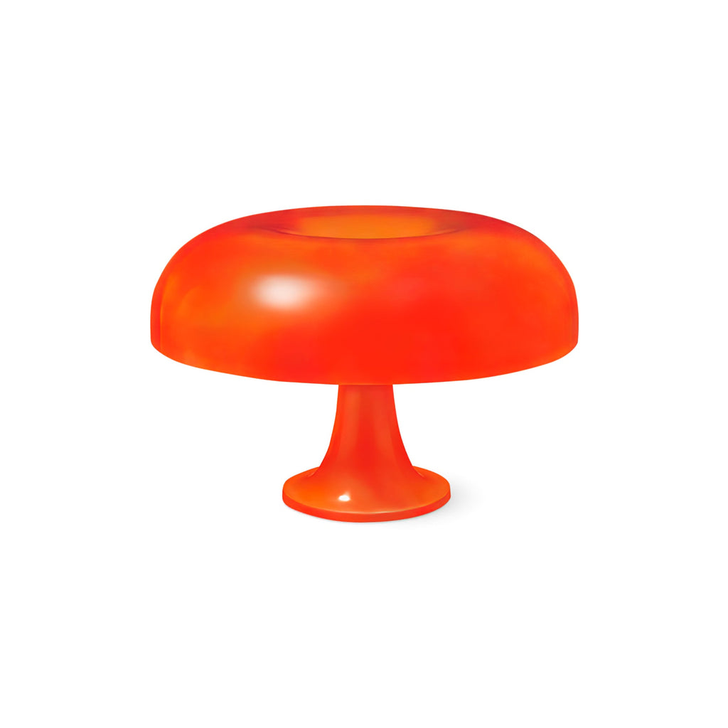 Front view of this Clérachic orange mushroom lamp on a white background, its shade glossy and deep in colour.