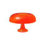Front view of this Clérachic orange mushroom lamp on a white background, its shade glossy and deep in colour.