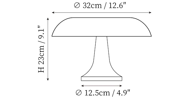Clérachic table lamp dimension drawing, every measurement marked in centimetres and inches.