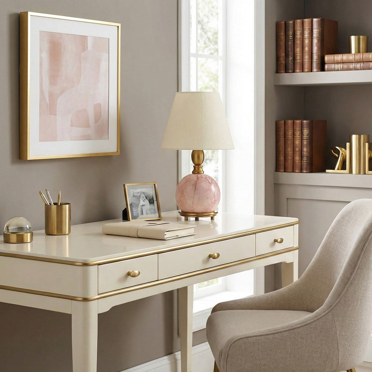 A Clérachic pink marble table lamp stands on a cream writing desk with gold trim, near a bookcase and a framed print.