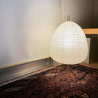 Large Clérachic egg-shaped paper lamp on a patterned rug against a pale wall, its black cord curling across the floor.