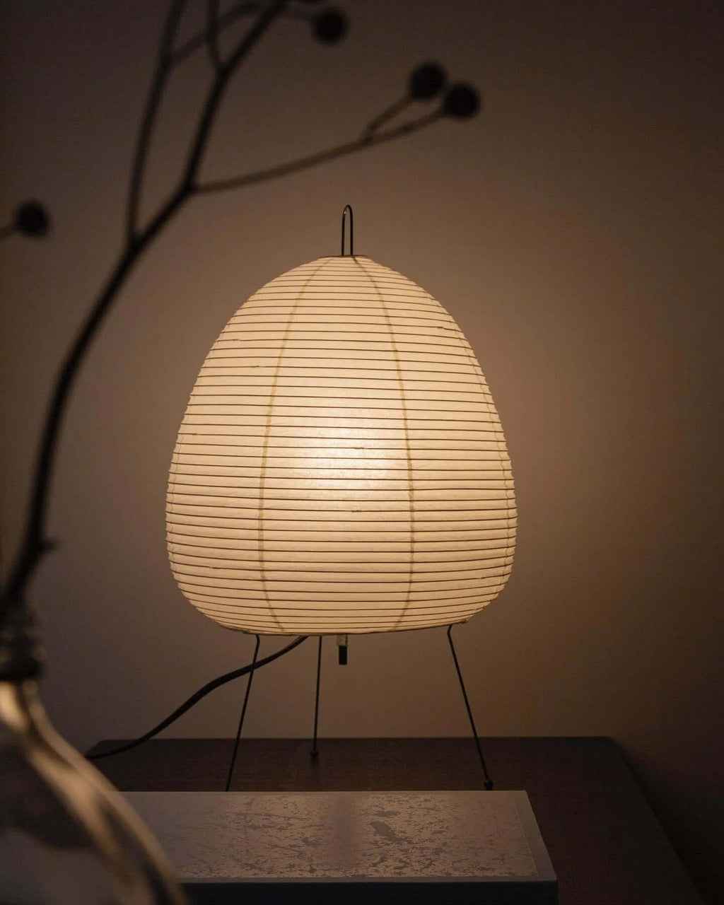 This Clérachic paper lamp glows in the foreground with a bare branch crossing the frame, on a dark stone surface.
