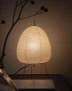 This Clérachic paper lamp glows in the foreground with a bare branch crossing the frame, on a dark stone surface.