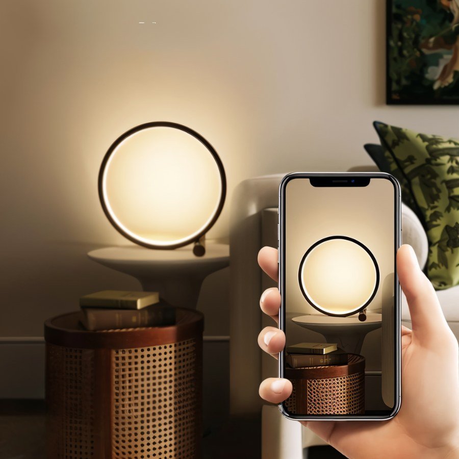 Clérachic black ring lamp glowing on a white pedestal table above a cane-sided drum, while a phone in hand photographs it.