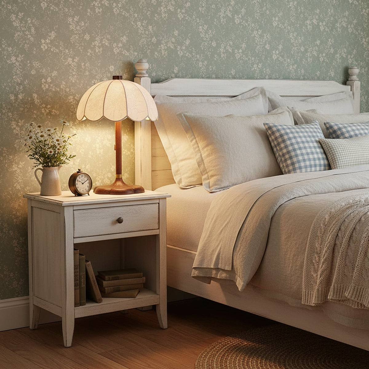 Lit bedside Clérachic table lamp on a white nightstand, with a gingham cushion and a small posy in a jug beside a made bed.