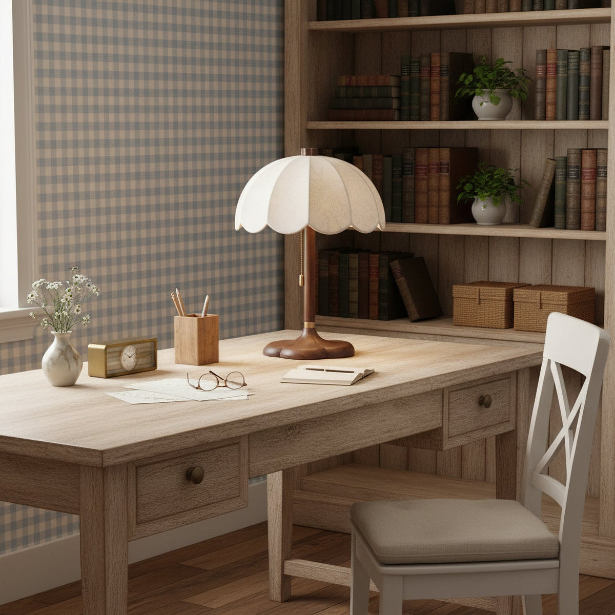Scalloped Clérachic table lamp on a pale wooden writing desk, in front of a bookcase and a blue gingham wall panel.