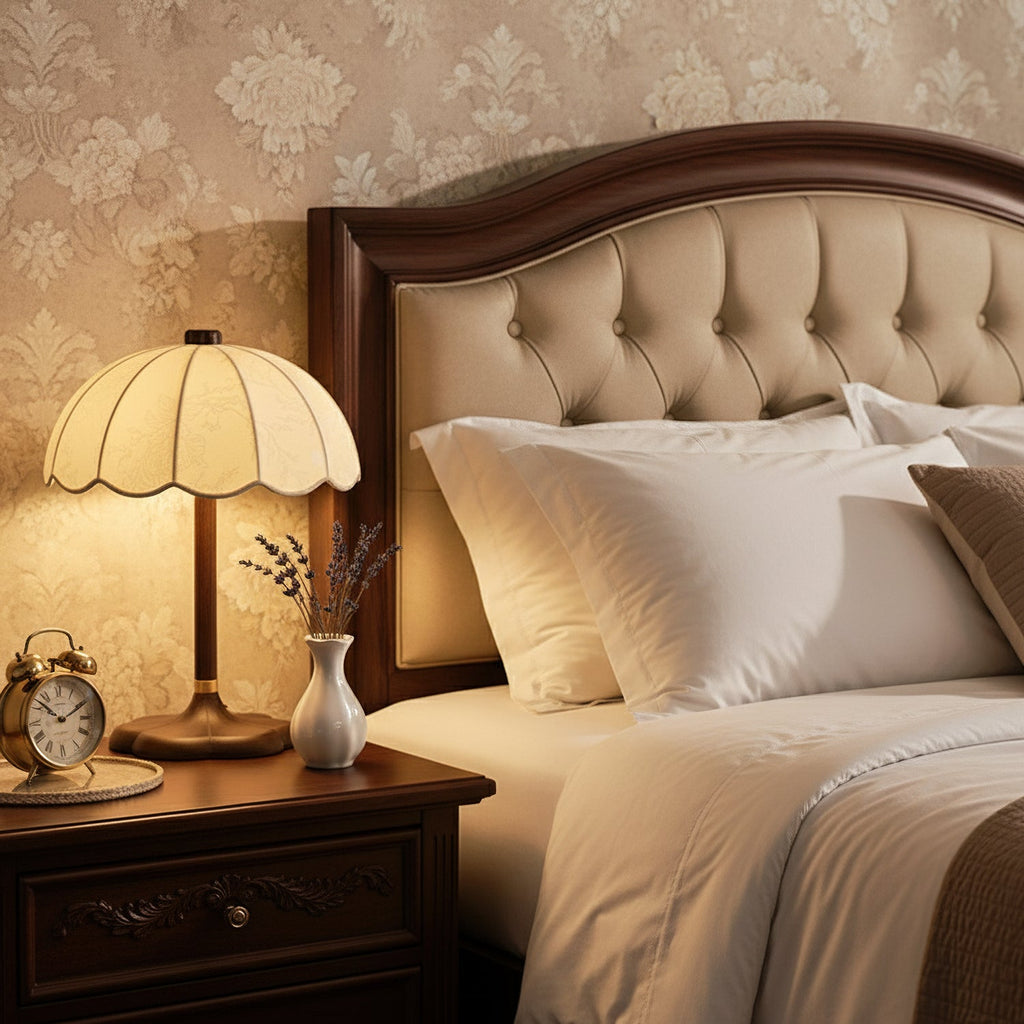 A Clérachic table lamp lights a dark wood nightstand beside a buttoned headboard, with an alarm clock and a vase of lavender.
