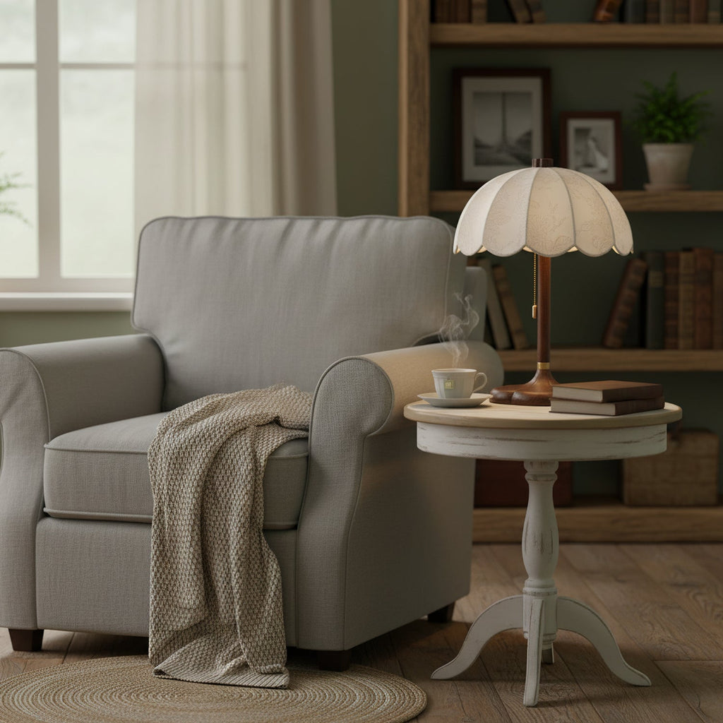 Small Clérachic table lamp on a round pedestal table beside a grey armchair, with a cup and saucer and a folded throw.