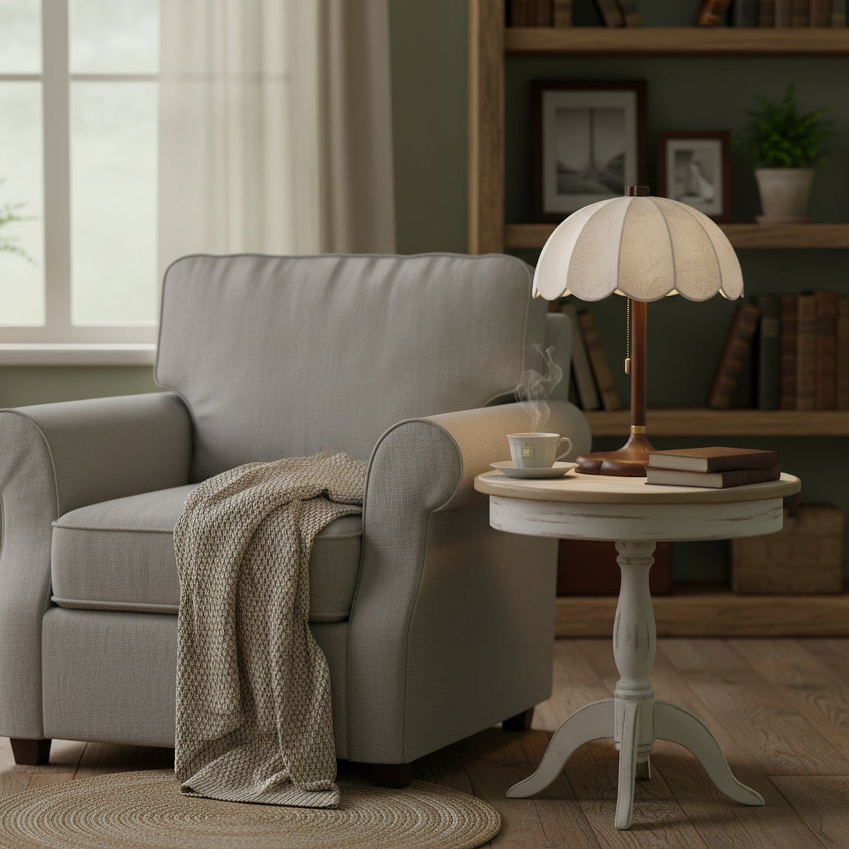 Small Clérachic table lamp on a round pedestal table beside a grey armchair, with a cup and saucer and a folded throw.