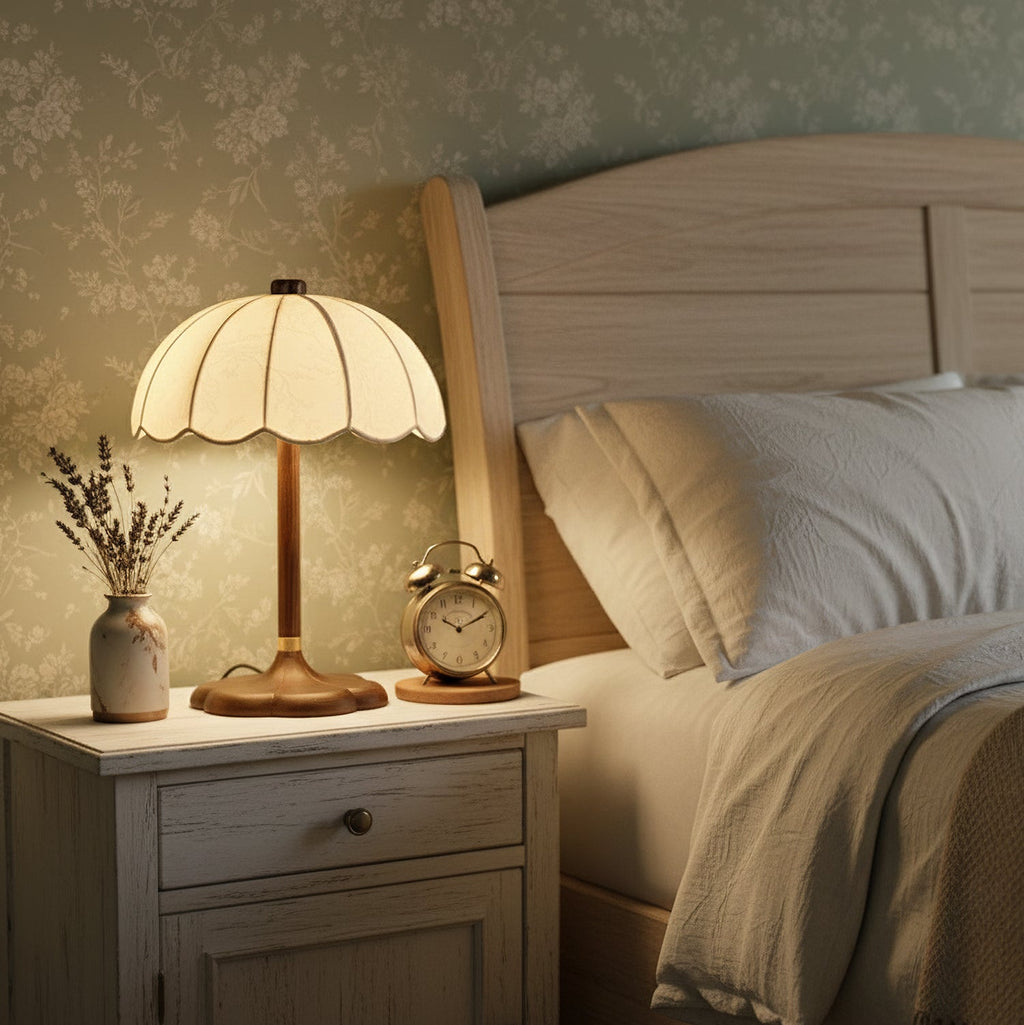 Clérachic table lamp on a pale nightstand beside a bed, next to a vase of dried lavender and a brass alarm clock.