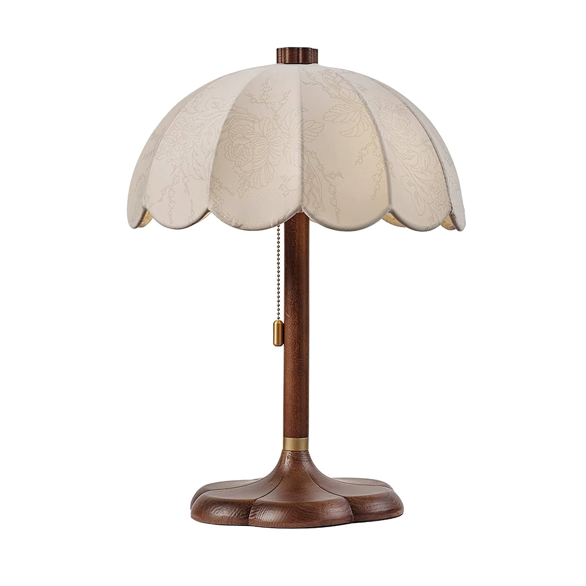 Clérachic table lamp with a walnut-coloured stem, brass collar and pull chain, cut out on a plain white backdrop.