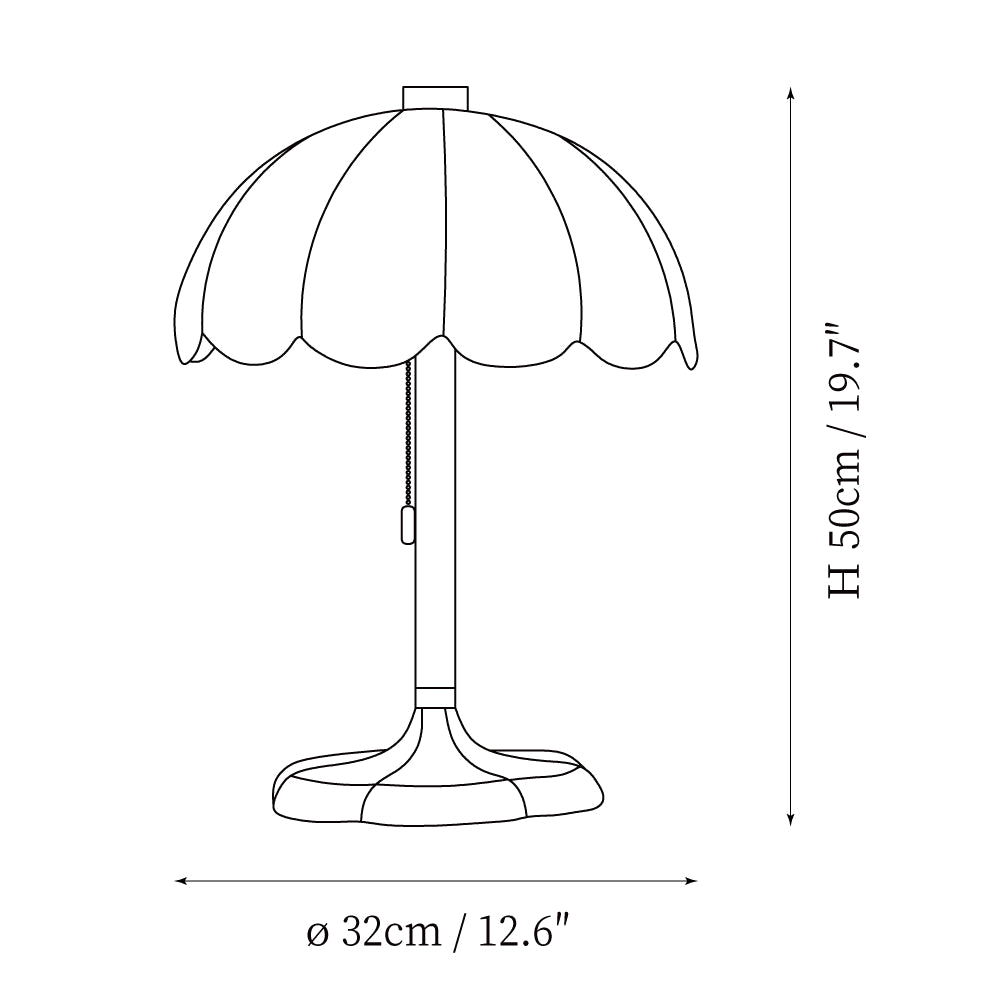 Clérachic table lamp dimension drawing, every measurement marked in centimetres and inches.