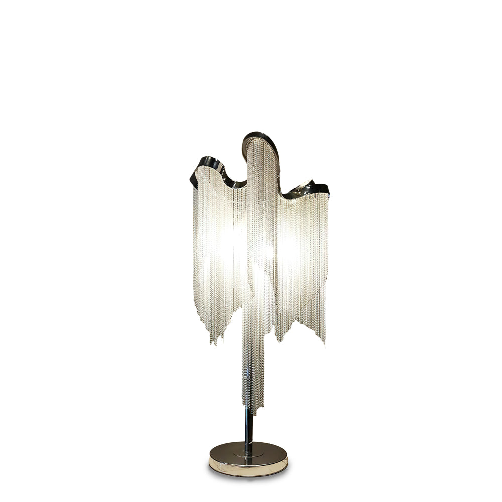 Front view of this Clérachic silver fringe lamp on white, showing the chrome stem, round base and layers of fine chain.