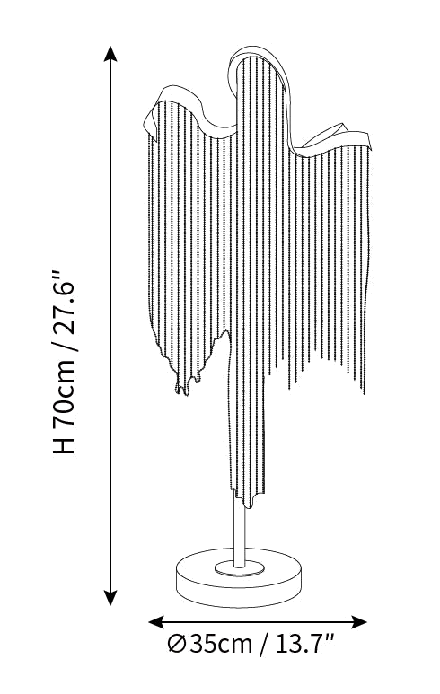 Clérachic table lamp dimension drawing, every measurement marked in centimetres and inches.