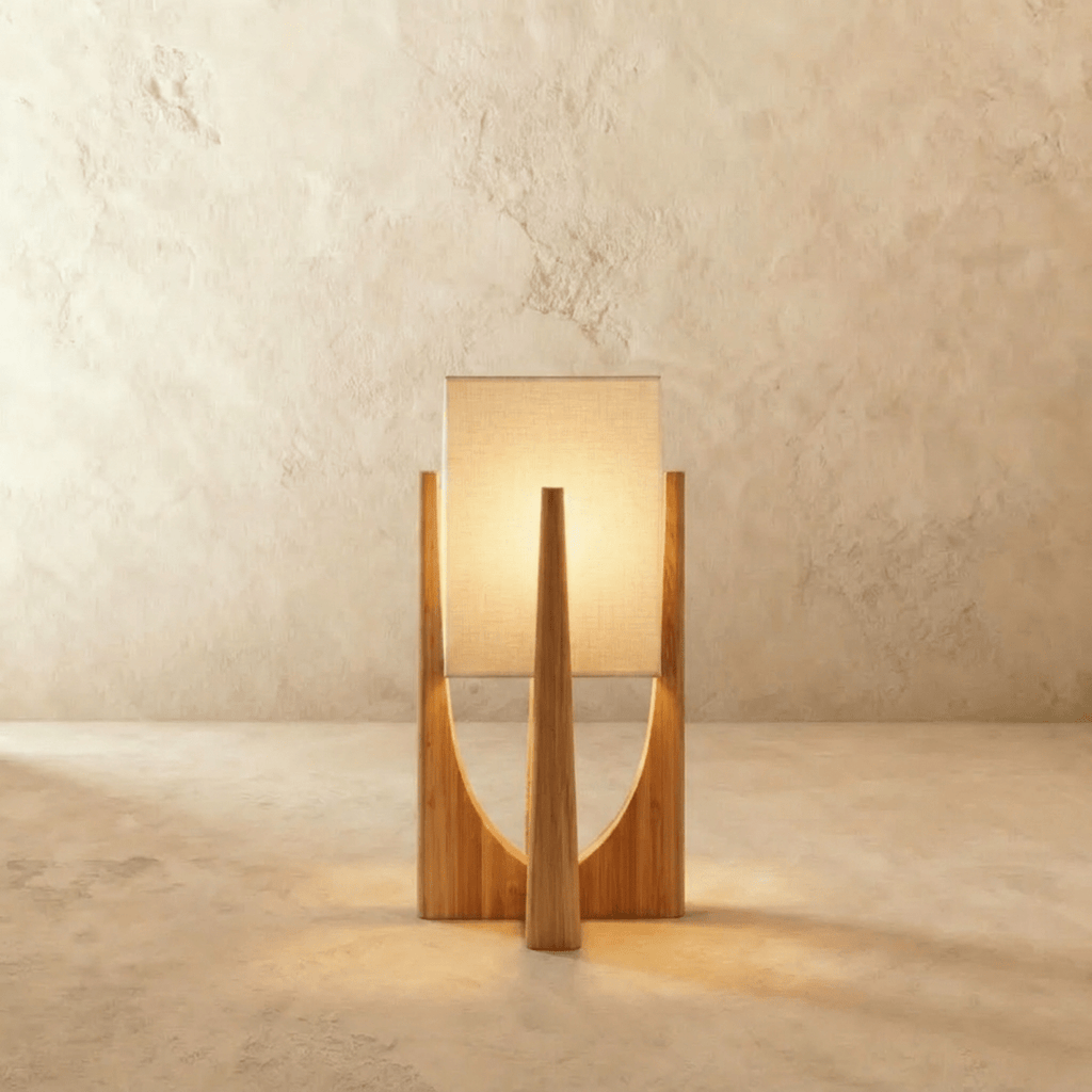 Clérachic table lamp in light natural wood with a tapered frame and a softly glowing rectangular fabric shade.