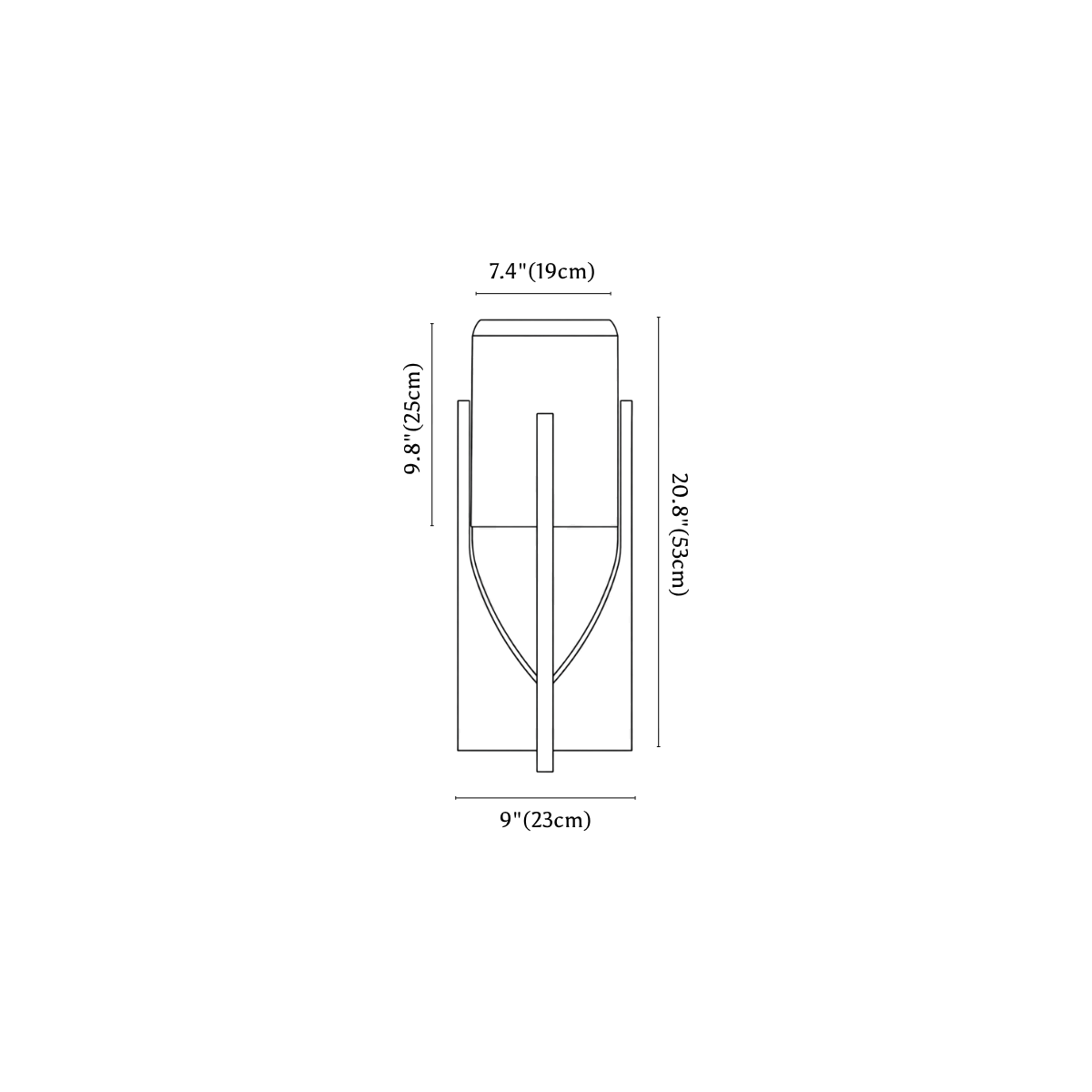 Clérachic table lamp dimension drawing, every measurement marked in centimetres and inches.