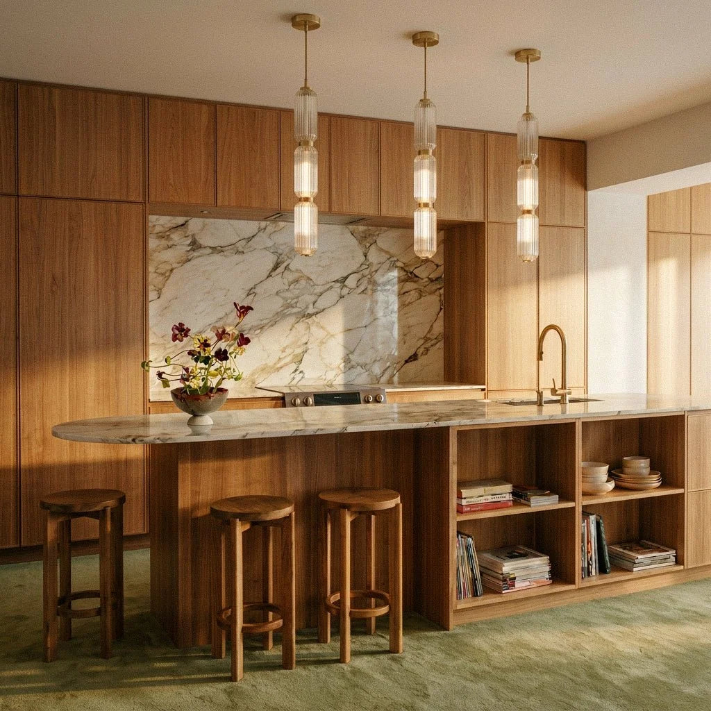 Clérachic three tall gold-capped ribbed glass pendants hung above a marble-topped timber kitchen island in a warm room.