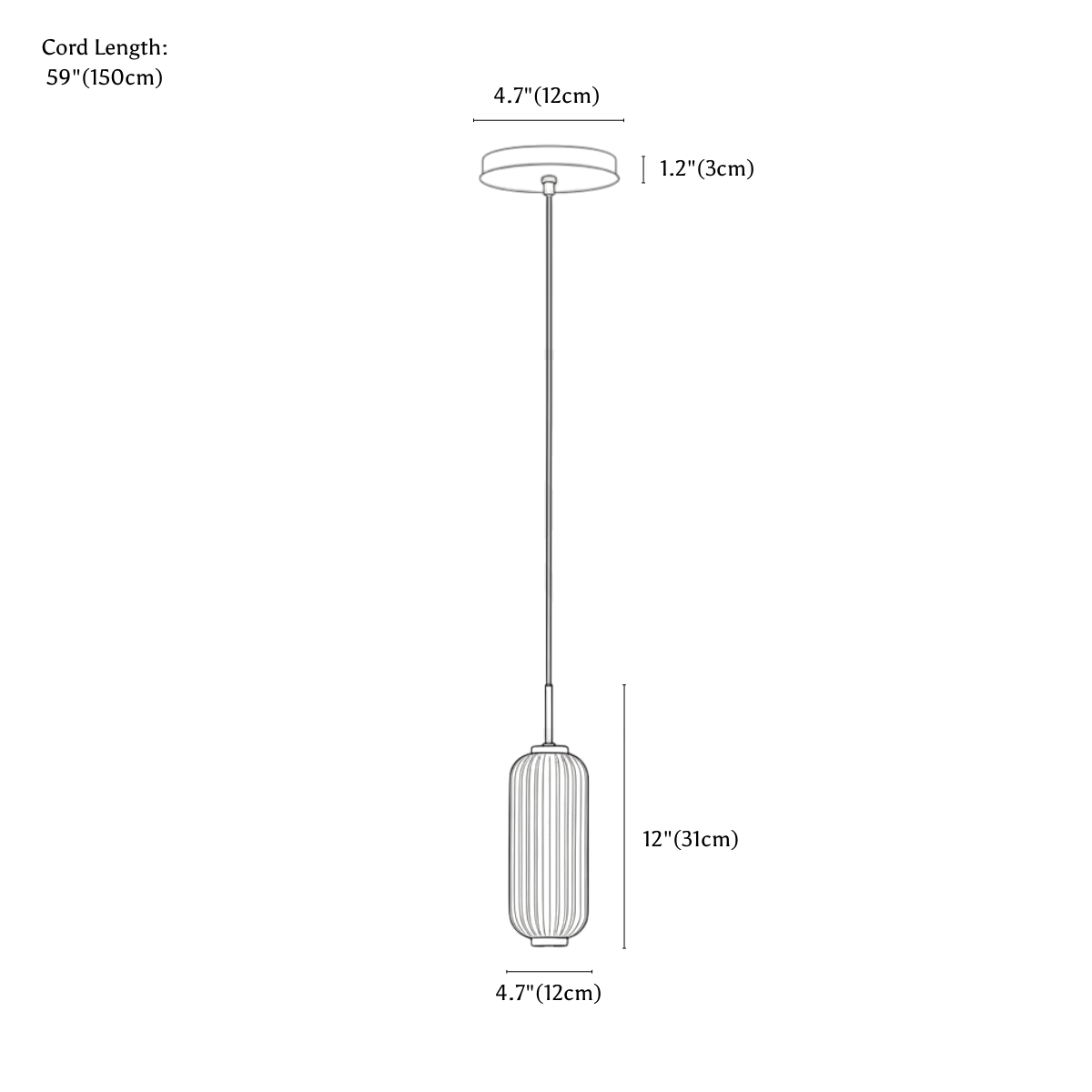Clérachic pendant light dimension drawing, Small - 12 × 31 cm - 20 W, every measurement marked in centimetres and inches.
