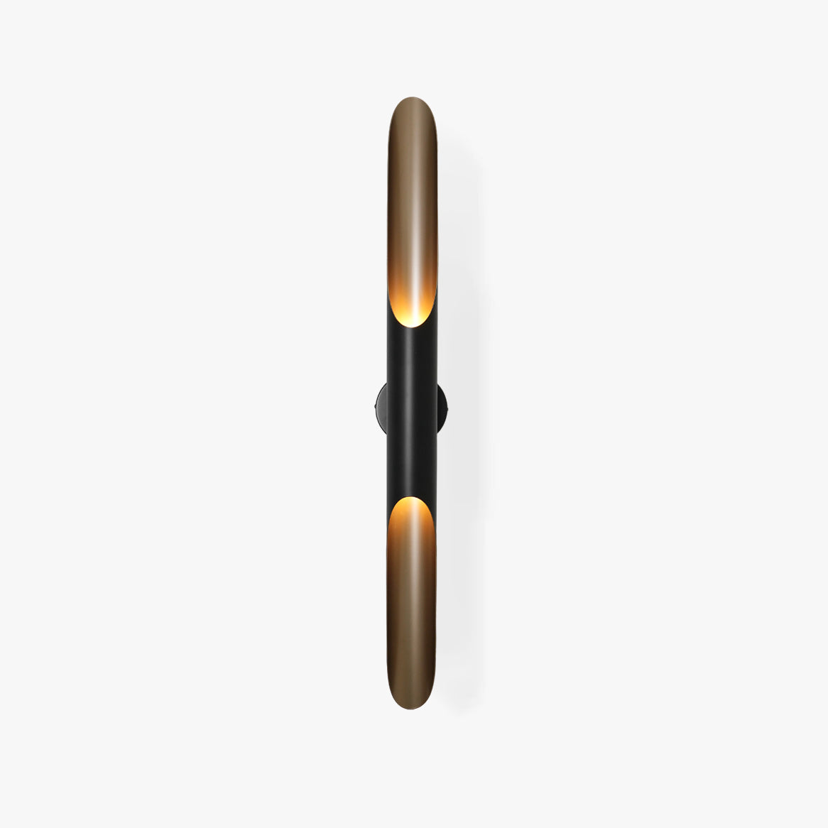 Straight on, the matt black body and gold-lined angled openings of this Clérachic wall light, on a plain white backdrop.