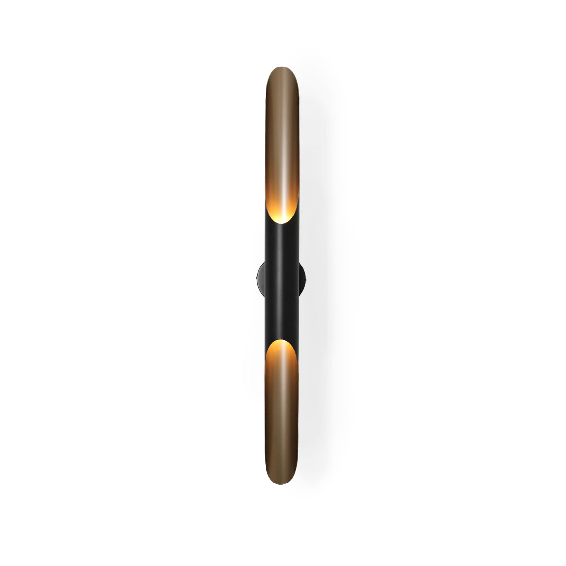 Close view of the black centre section and the gold-lined openings at each end of this Clérachic tube wall light, on white.