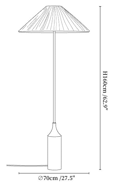 Dimension drawing of the tansu floor lamp, in outline against white.