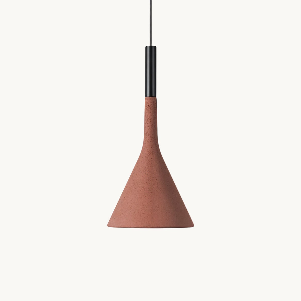 Front view of this Clérachic pendant on a white backdrop, with a tapered brick-red concrete shade under a slim black metal collar.