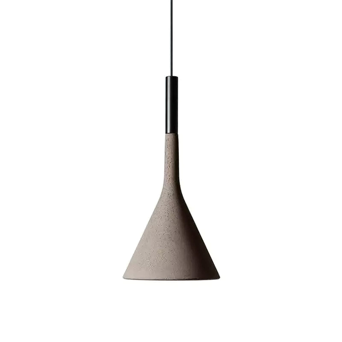 Front view of a Clérachic pendant in a brown-grey concrete finish on white, with a black collar and a speckled shade.