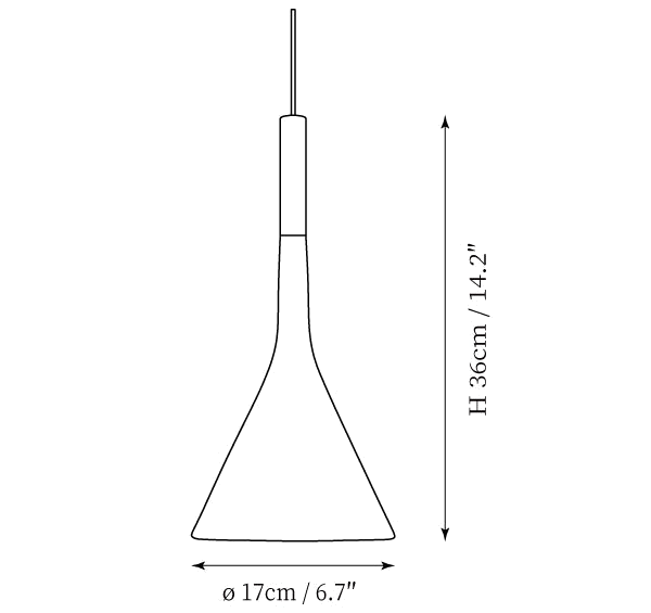 Clérachic pendant light dimension drawing, every measurement marked in centimetres and inches.