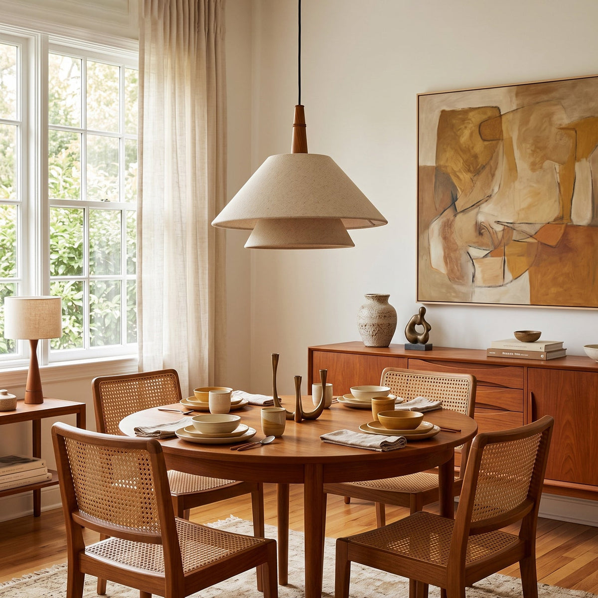 A cream linen Clérachic pendant hangs over a round wooden dining table with cane-backed chairs, near tall windows and a large painting.