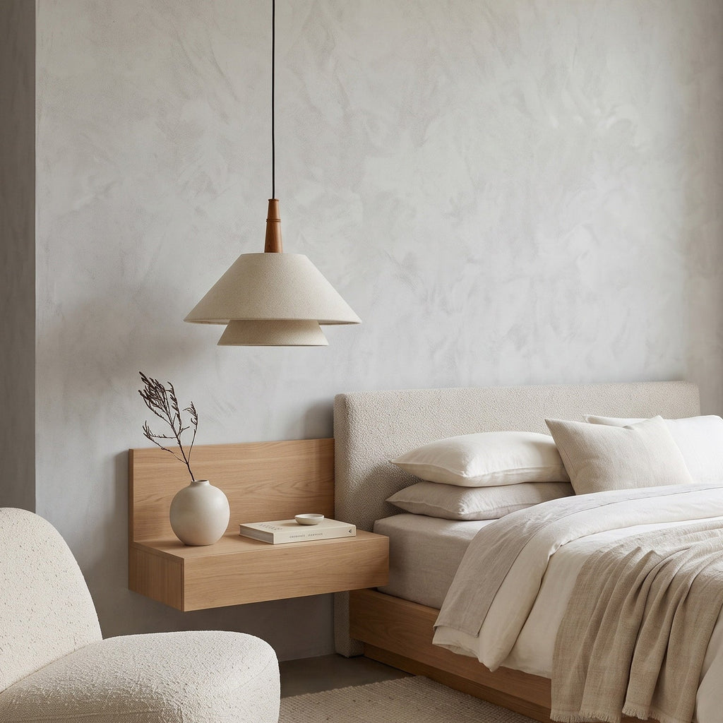 A small Clérachic linen pendant hangs in a calm bedroom with a plaster wall, a floating bedside shelf and a cream headboard.