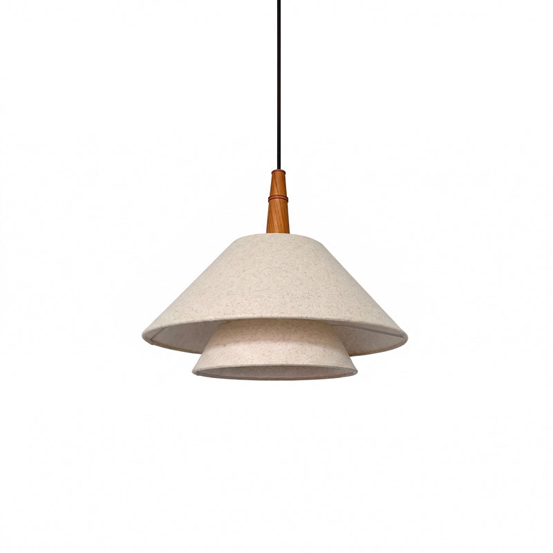 Clérachic two-tier pendant with a cream linen shade and a turned wooden neck, on a white backdrop.