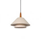 Clérachic two-tier pendant with a cream linen shade and a turned wooden neck, on a white backdrop.