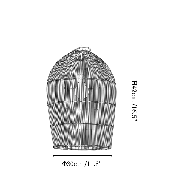 Clérachic pendant light dimension drawing, 1 of 3, every measurement marked in centimetres and inches.
