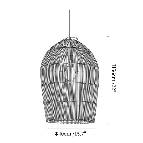 Clérachic pendant light dimension drawing, 2 of 3, every measurement marked in centimetres and inches.