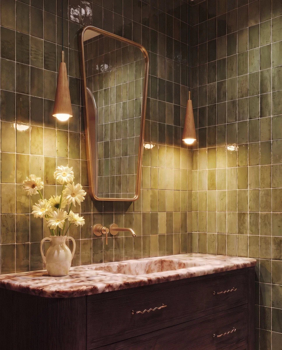 Clérachic two warm-glowing wooden cone pendants hung against green glazed tiles beside a mirror and a marble-top vanity.