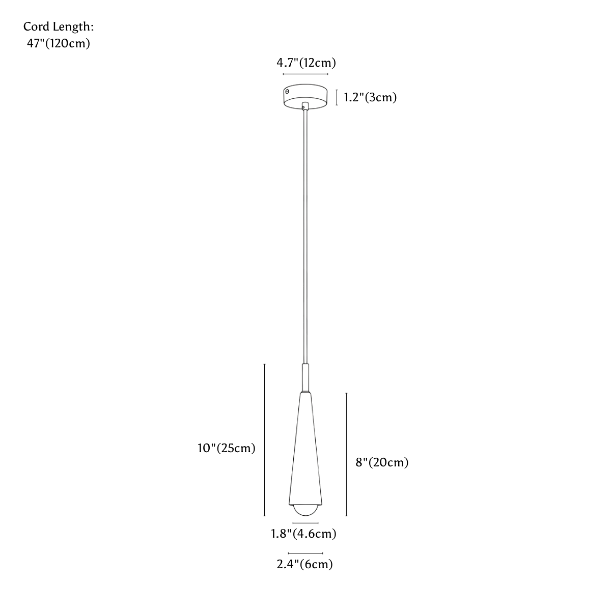 Clérachic pendant light dimension drawing, every measurement marked in centimetres and inches.