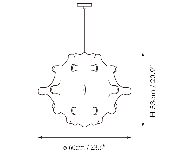 Dimension drawing of this Clérachic pendant, with its height and diameter marked.