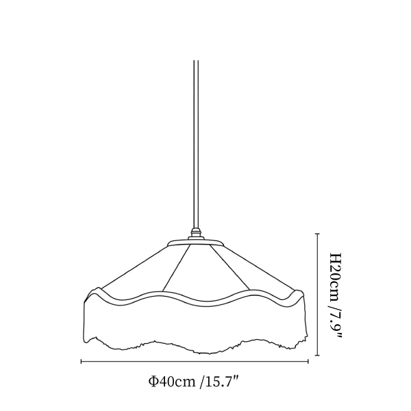 Clérachic pendant light dimension drawing, 1 of 3, every measurement marked in centimetres and inches.